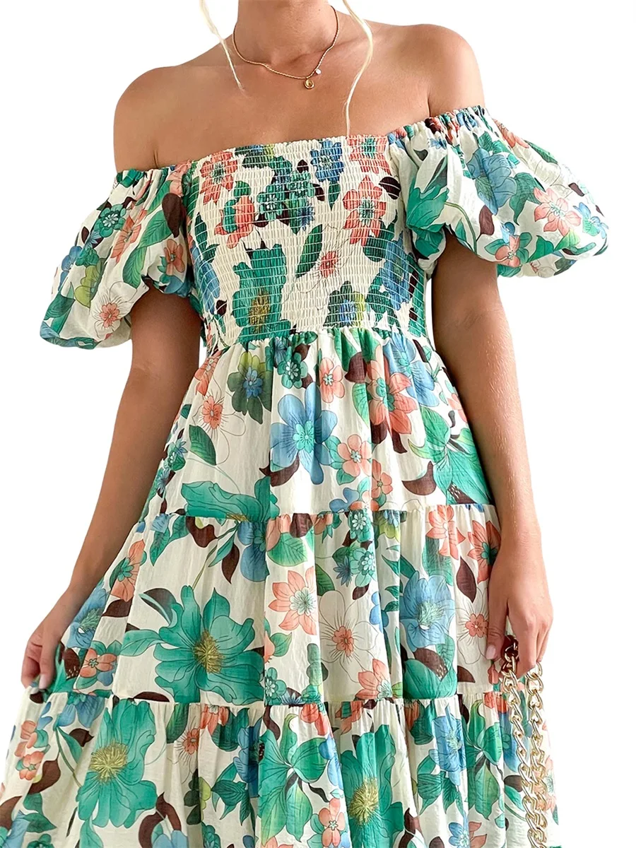 Robe à imprimé floral bohème pour femme, manches bouffantes courtes, robe maxi fluide à plusieurs niveaux, robe de soirée trapèze vintage, Y2K