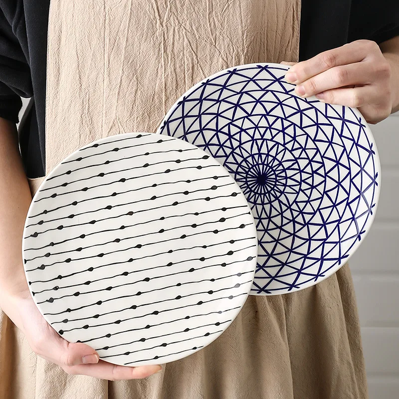 Handmade Ceramic Plates Round Underglaze Geometric Patterns Dinner Serving Dish Plate Food Tray Kitchen Tableware