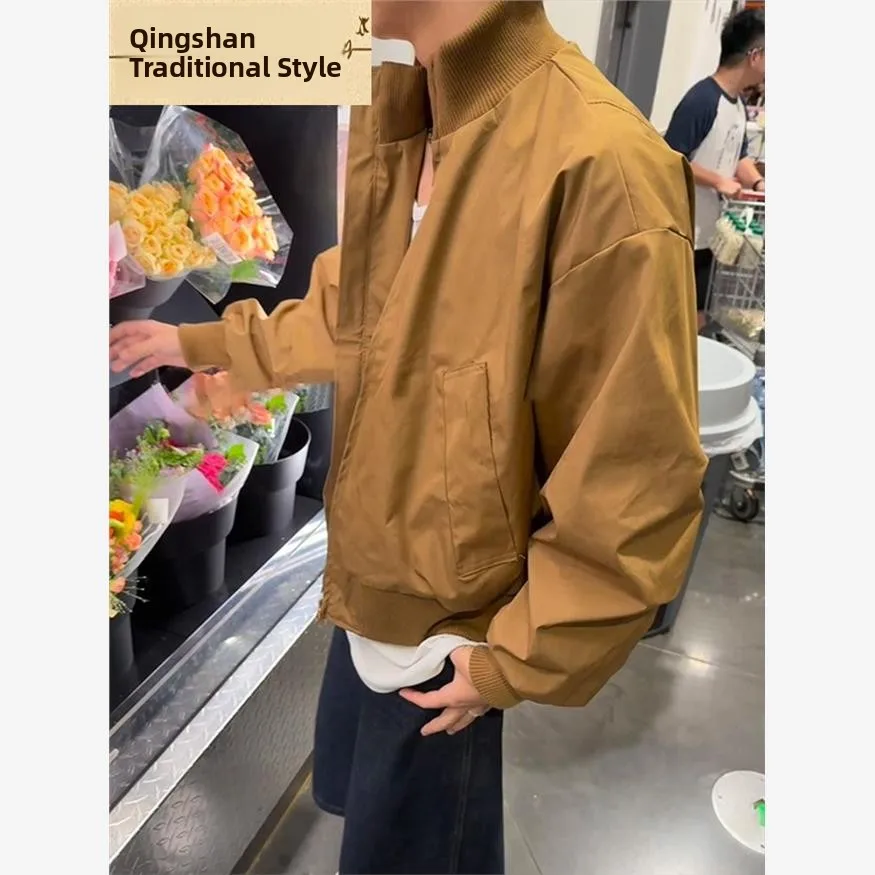 

Khaki Bomber Flight Jaet Men's American Sle ort Coat Cleanfit Loose Fit Autumn Season Anti-Wrinkle Seven Sve Length