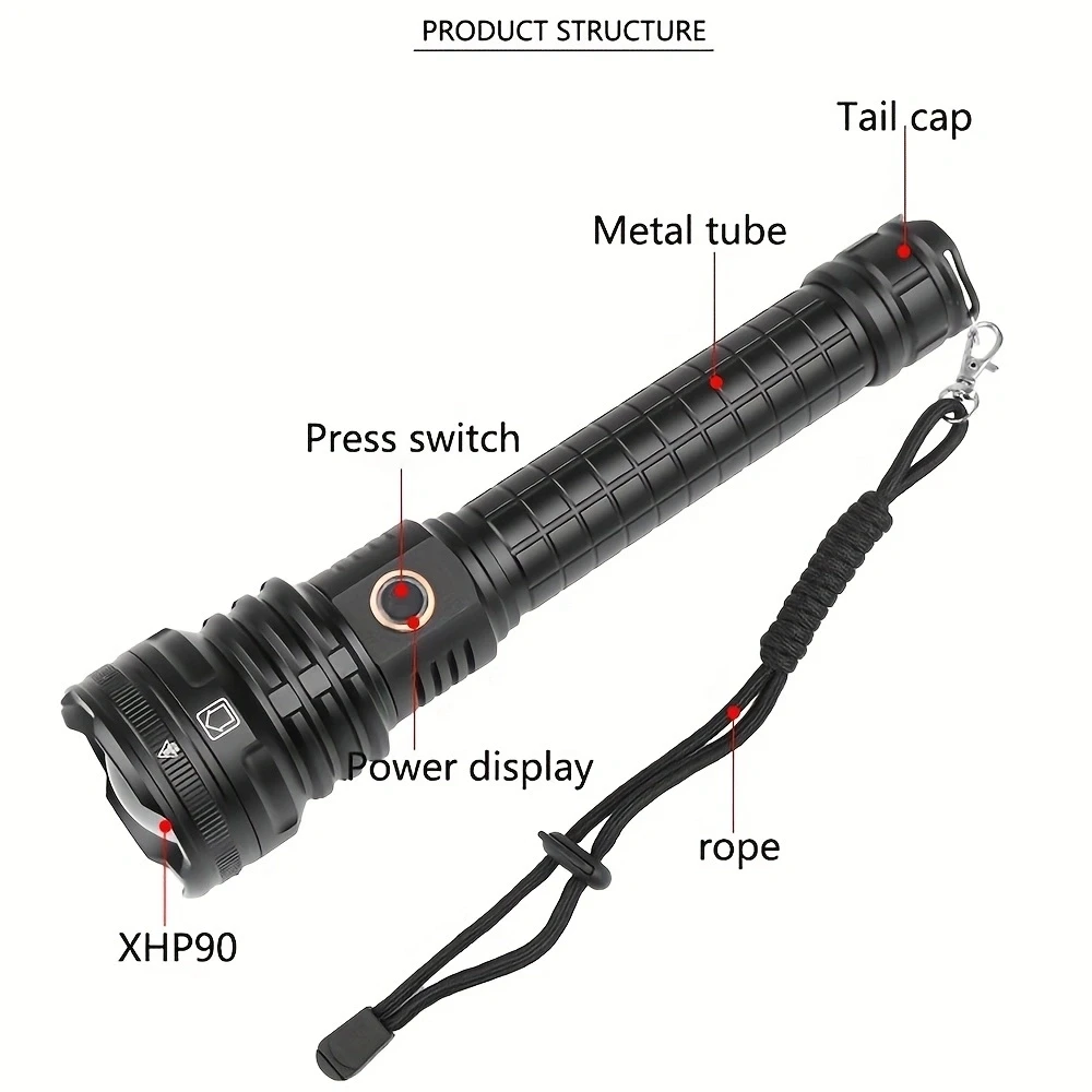 40W 5000 lumen XHP90 LED Zoom Most powerful Flashlight USB Rechargeable High Power Outdoor Patrol Camping Hunting Hiking Torch