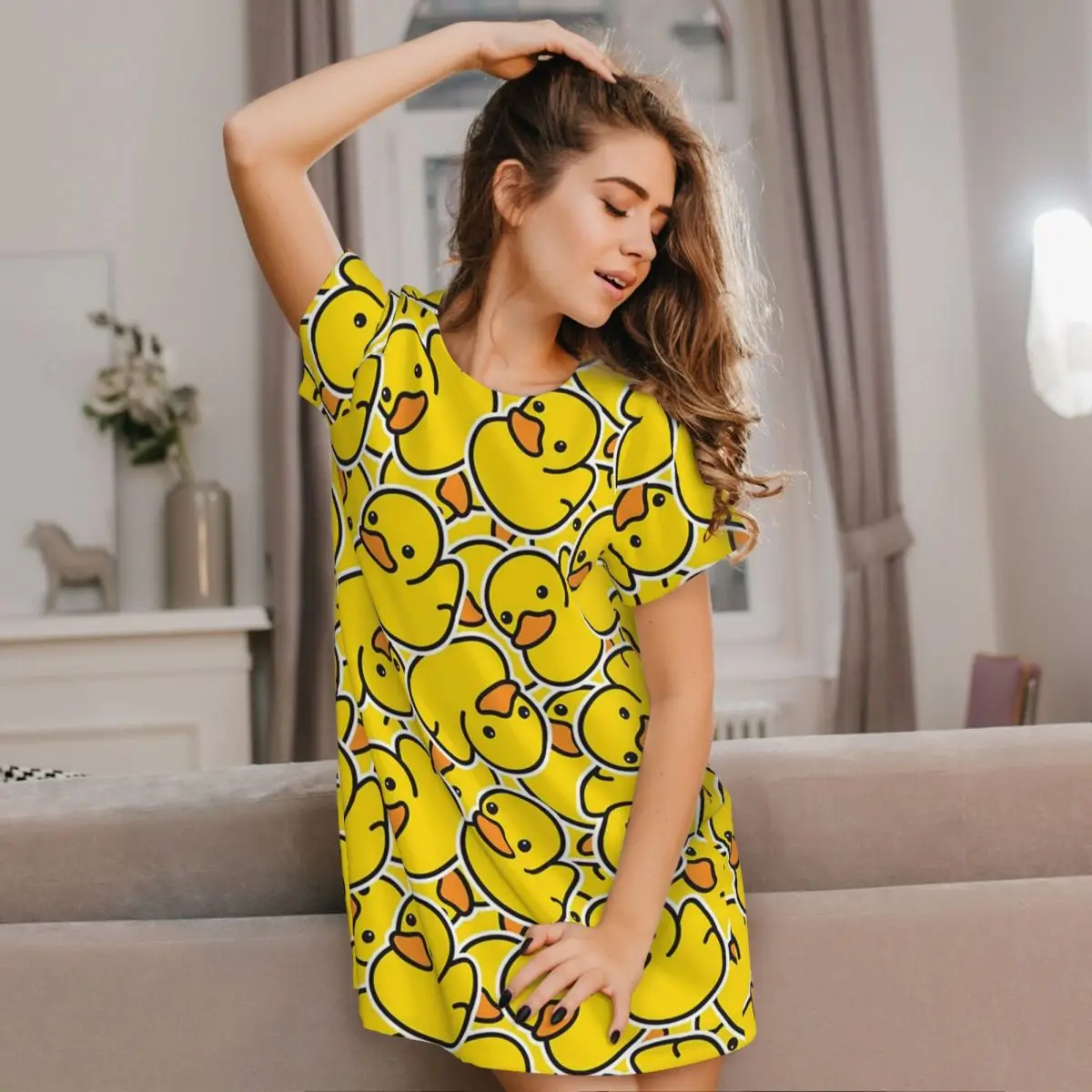 Custom Yellow Classic Rubber Duck Short Sleeves Nightdress For Sleepshirts Women Short Sleeve Nightgowns Soft Pajama Dress