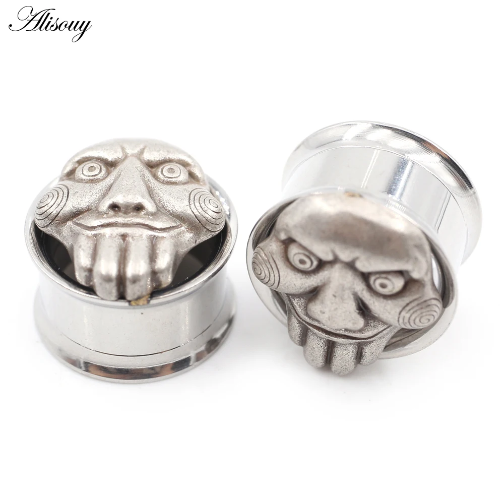 Alisouy 2PCS Stainless Steel Fear Face Threaded Ear Tunnels Plugs Expander Stretcher Flared Gauges Earring Piercing Body Jewelry