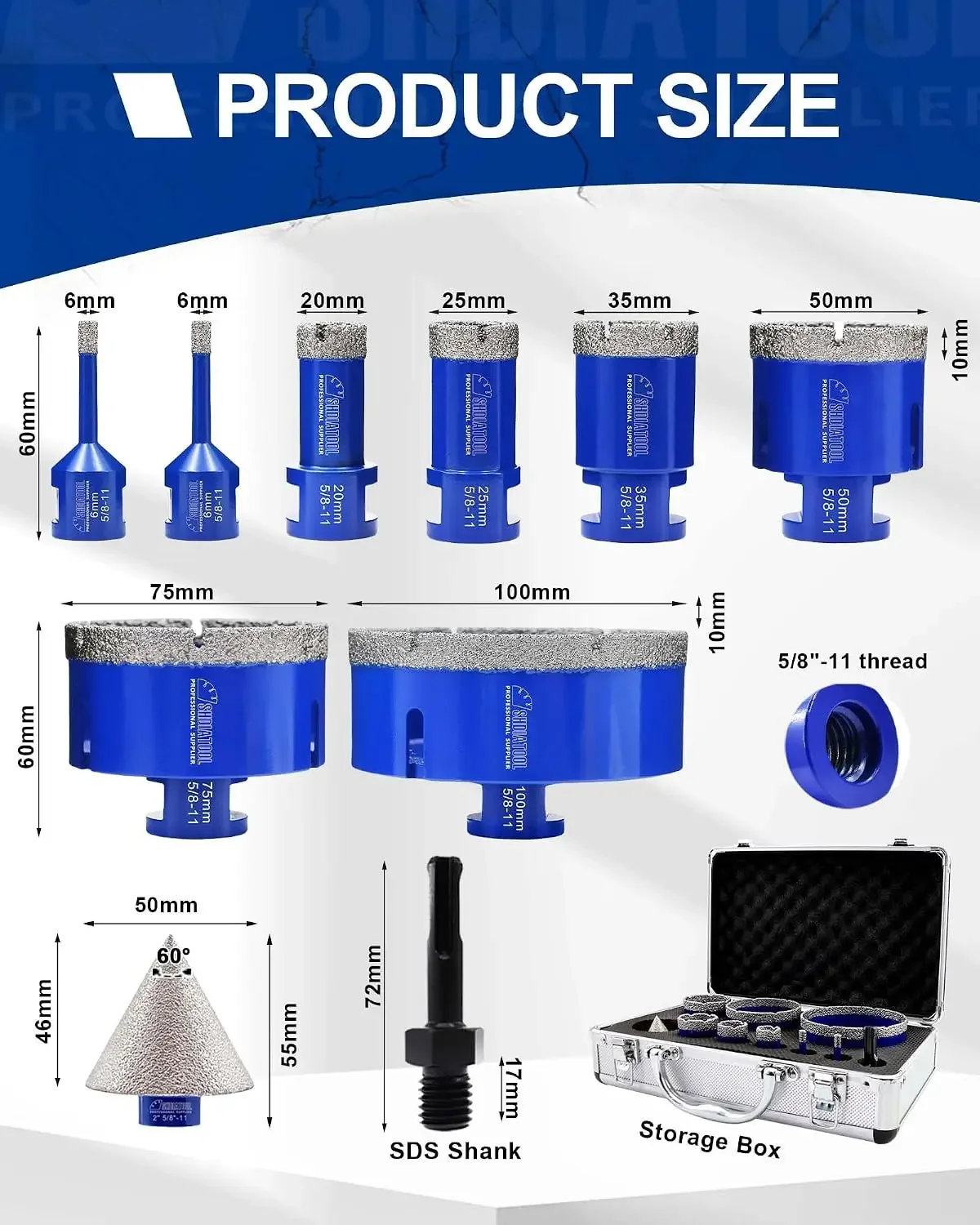 Diamond Tile Drill Bits Set,Porcelain Hole Saw, Cutter for Marble Ceramic Granite 10pieces(6/6/20/25/35/50/75/100mm/2 inch)