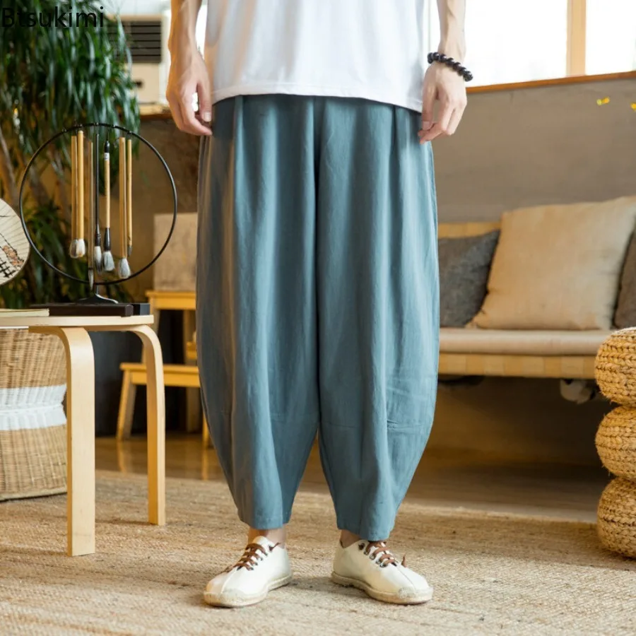 

Chinese Style Cotton Linen Harem Pants Summer New Men's Baggy Casual Wide Leg Jogger Trousers Vintage Drawstring Sweatpants Male