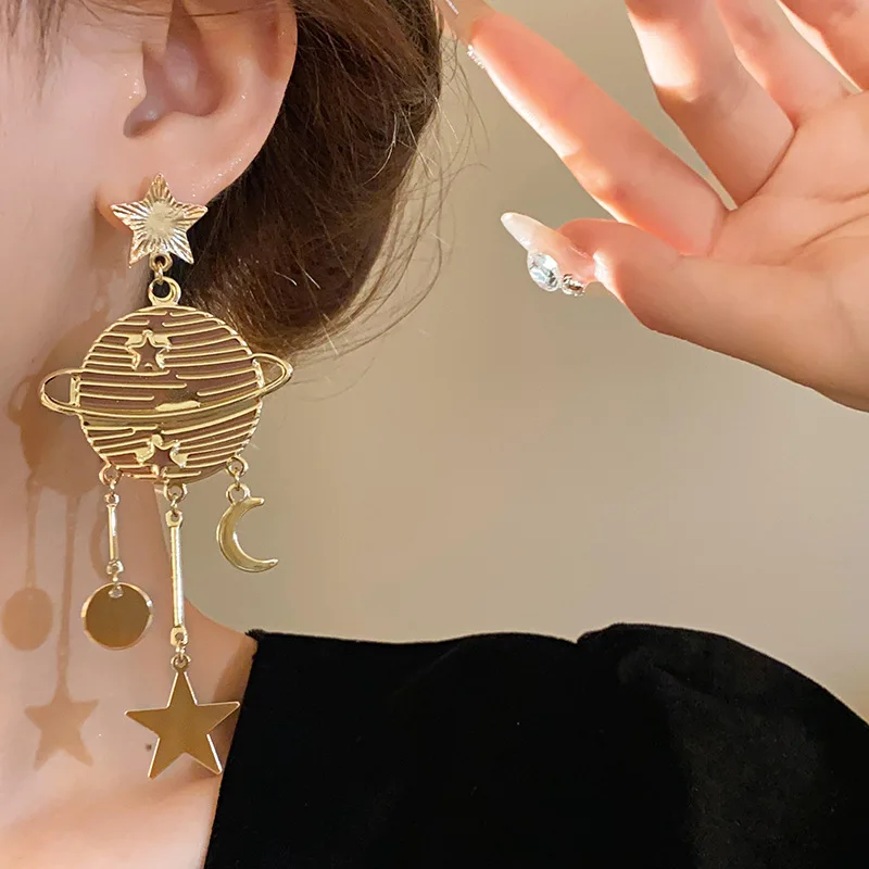 New Trendy Planet Earrings Star Moon Long Tassel Dangle Earrings for Women Exaggerated Wedding Party Jewelry