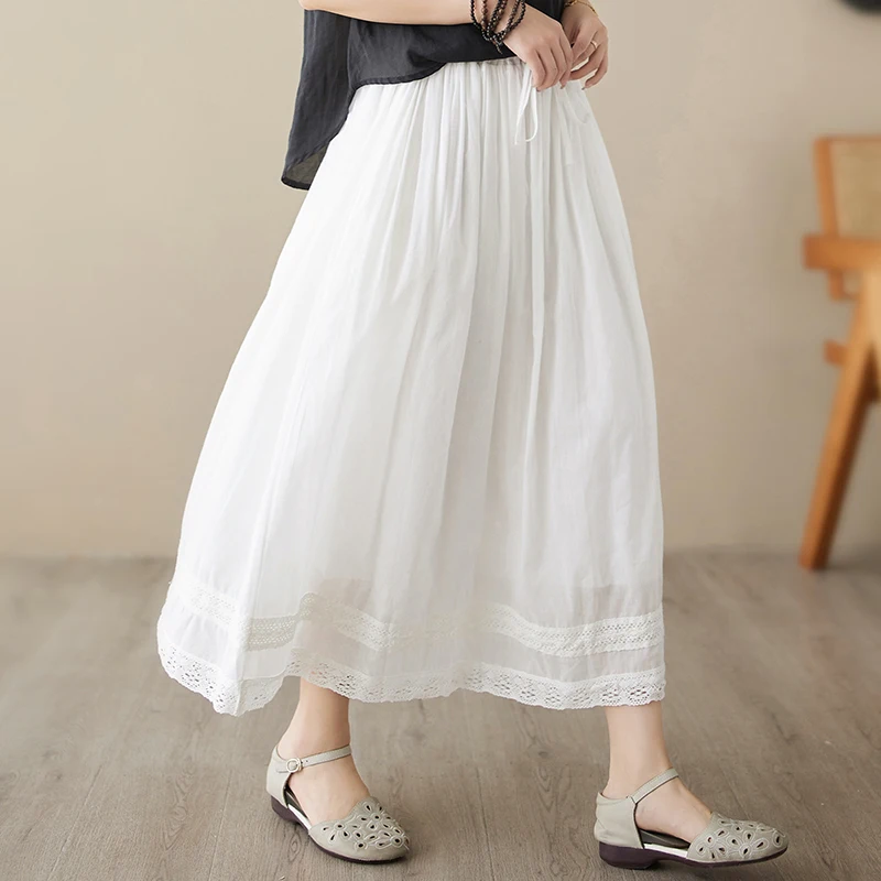 Retro Artistic Double Layer Cotton Liner Midi Skirt Women's Summer Loose Flared Embroidered A-Line Skirt High Waist Long Skirt