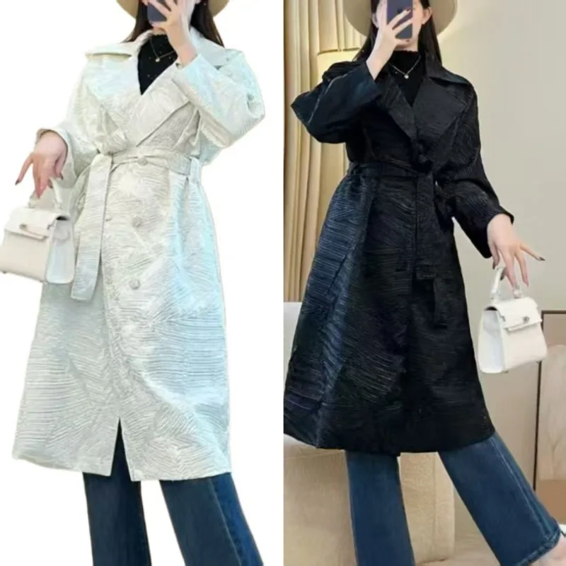 

Miyake Pleated Trench Coat Women 2025 Fall New Arrival Long Commuter Coat Tailored Double-Breasted Blazer with Suit Collar