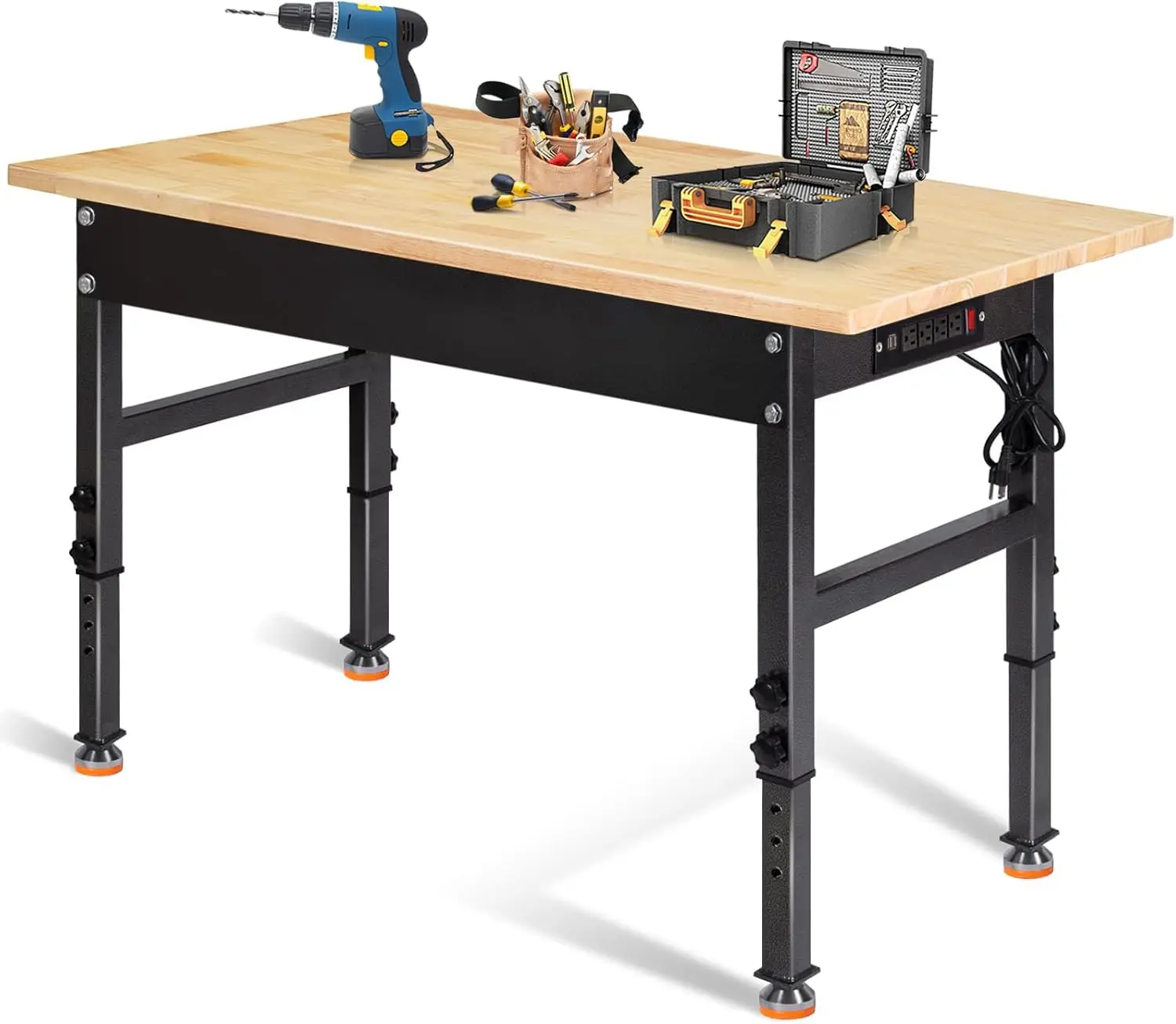 

48" Adjustable Work Bench, Rubber Wood Top Workbench Heavy-Duty Work Table with Power Outlet, 2000 LBS Load Capacity Hardwood Wo