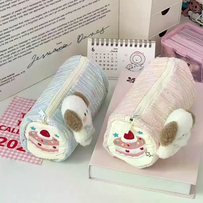 1Pcs Cute Strawberry Cake Puppy Pen Bag Large Capacity Portable Cartoon Pencil Case Zipper Design Student Storage Stationery Bag