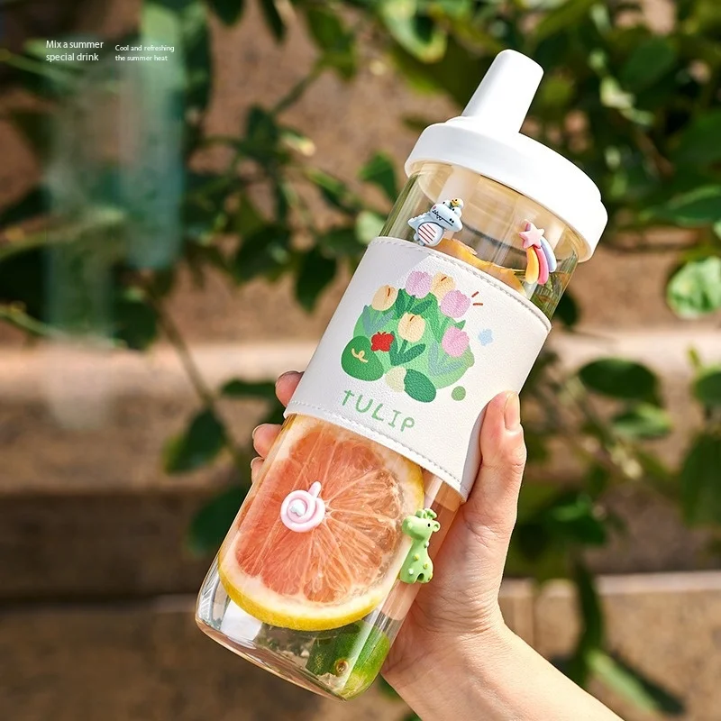 Female high-looking cup household fairy cup portable milk juice straw cup large capacity Internet celebrity water cup glass cup