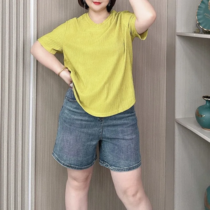 

Plus Size T-shirt Women Short Sleeve Summer 2024 New Loose Thin Texture Fold Leisure Tops