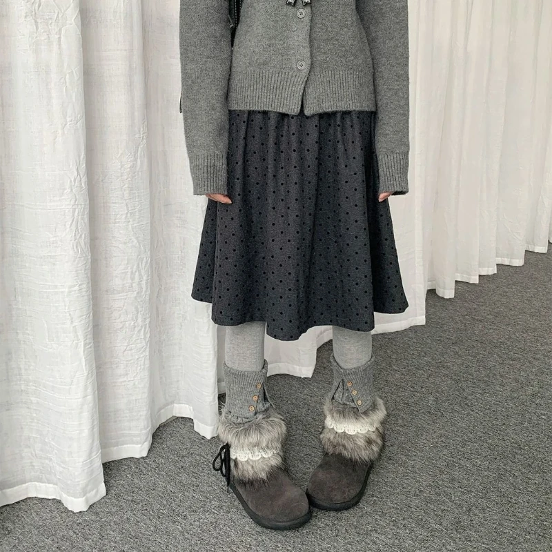 Womens Autumn Winter Korean Fashion Vintage Y2k Polka Dot Tweed Gray Midi Skirt Preppy Style A-Line High Waist Knee Length Skirt