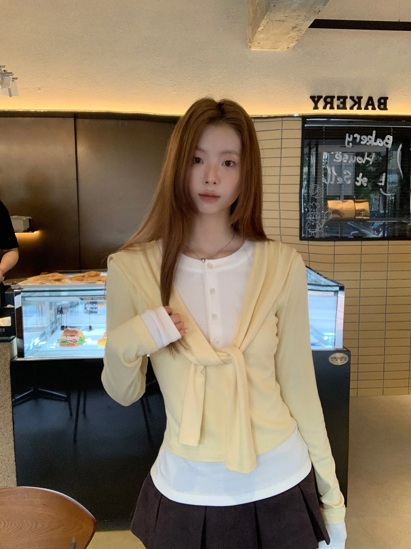 

Осенняя футболка с длинным свеком, женская желтая базовая футболка irt, искусственный дизайн из двух предметов, сенсационный топ для поездок на работу, простой крой