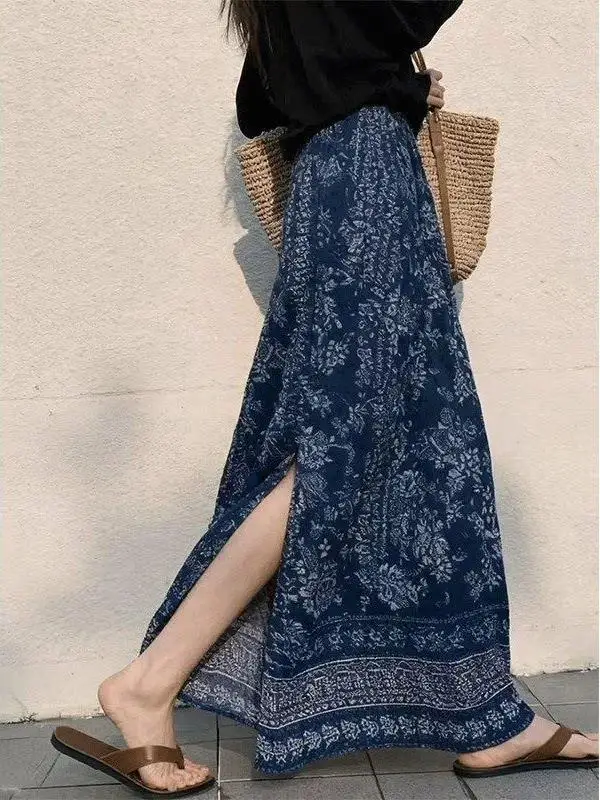plus Size High Waist Side Slit Midi Skirt Women's Summer Holiday Style Casual A-Line Skirt Comfortable Fit Casual Wear