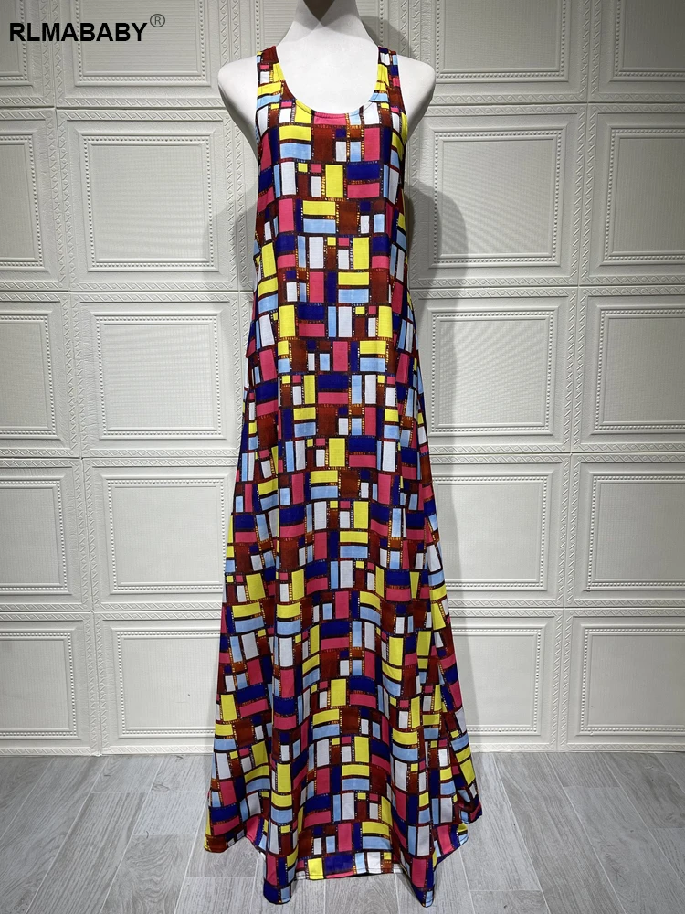 RLMABABY موضة ملونة منقوشة طباعة فستان طويل فضفاض المرأة منخفضة الرقبة بلا أكمام عارية الذراعين الشارع الشهير فستان ماكسي بوهيمي غير رسمي