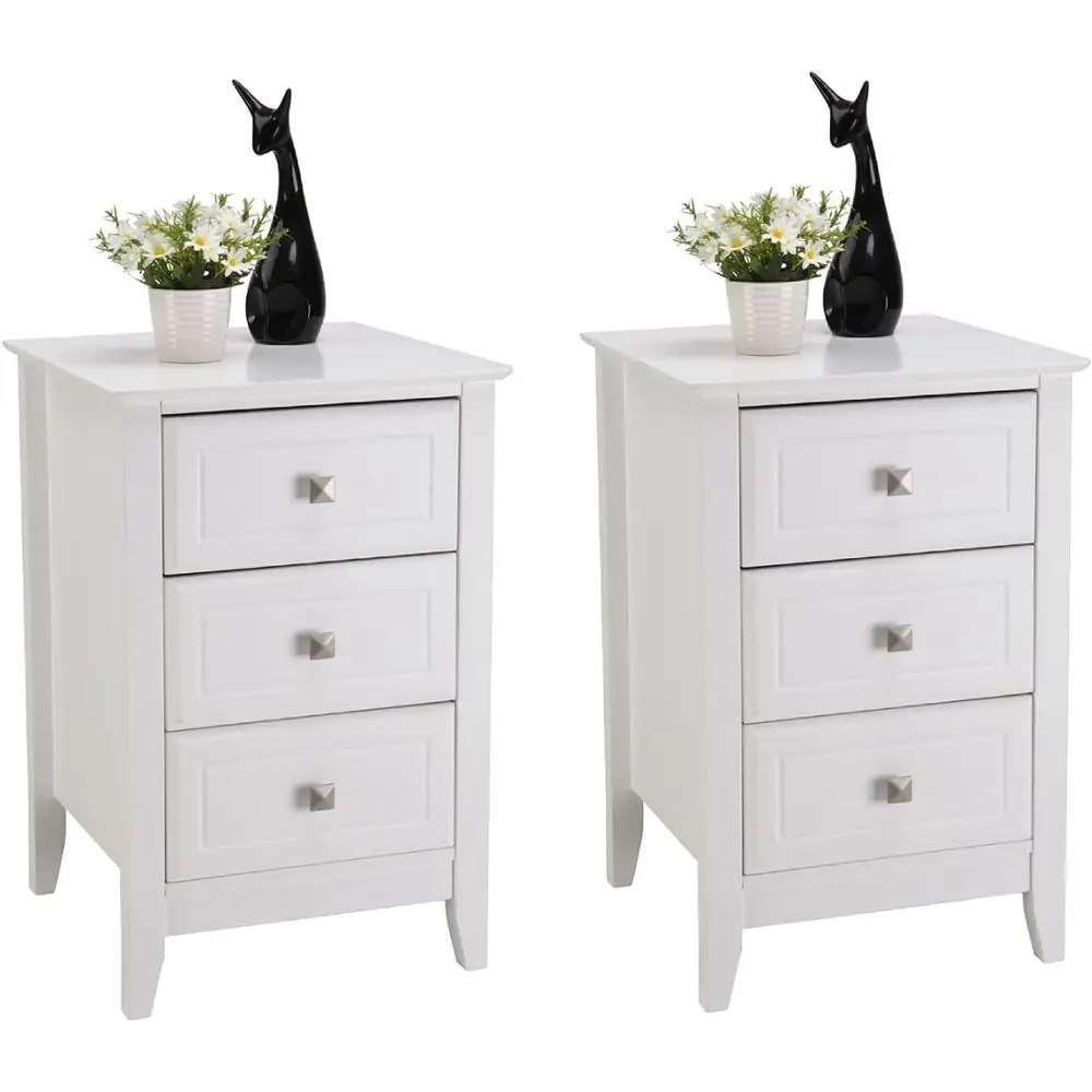 Upgraded White Nightstand with 3 Ders, ern Night Stands or Bedrooms Set o 2, Wooden Bed Side Table/Night Stand or Small Spaces,