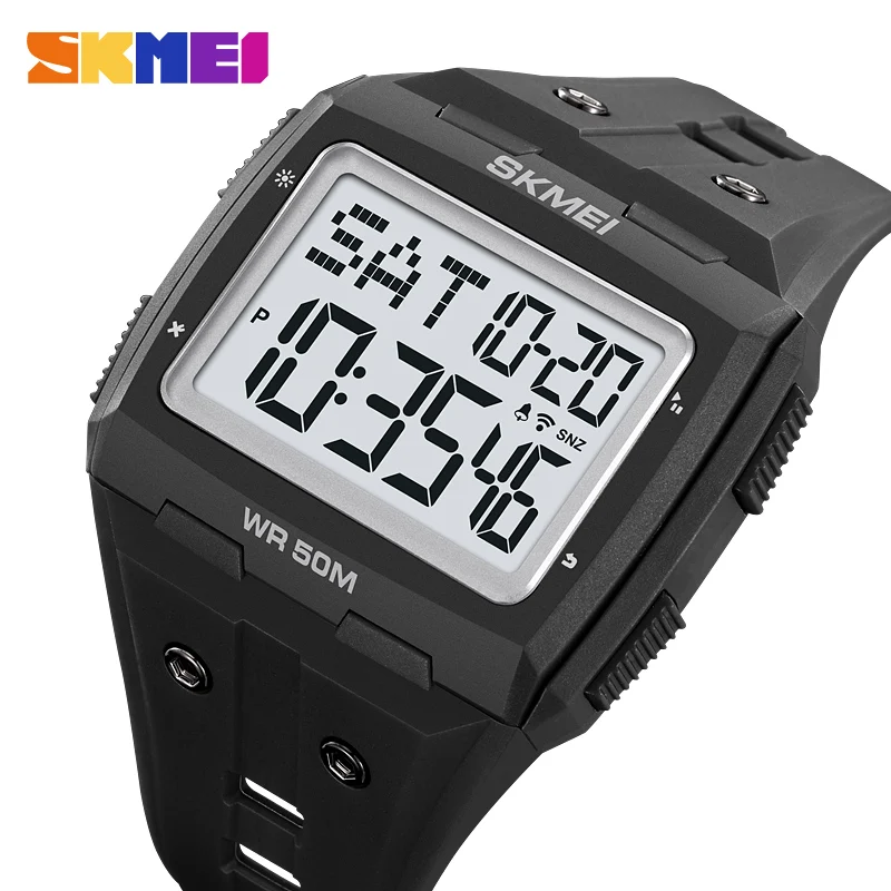 SKMEI Man Rectangle Countdown Electronic Sport Watches Mens Fashion 50M Waterproof Back Light Stopwatch Digital Wristwatch