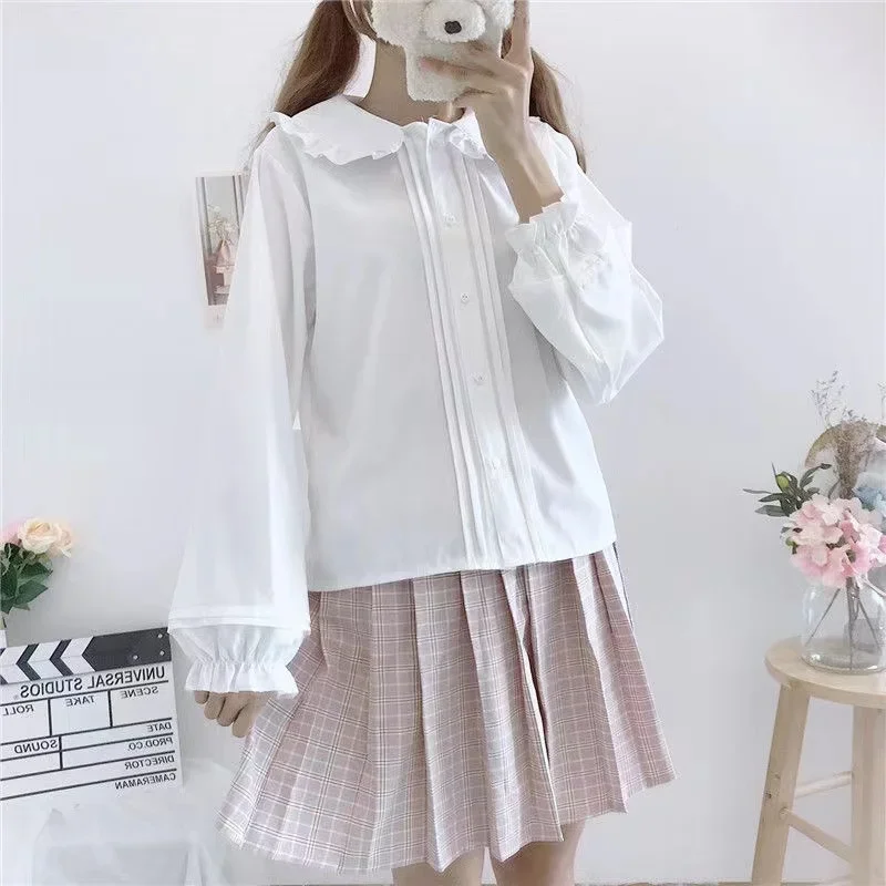 Peter Pan Collar Blouses White Black Women Lolita Kawaii Shirt Button Up Long Sleeve Cute Ruffle Tops Goth Girl Preppy Style