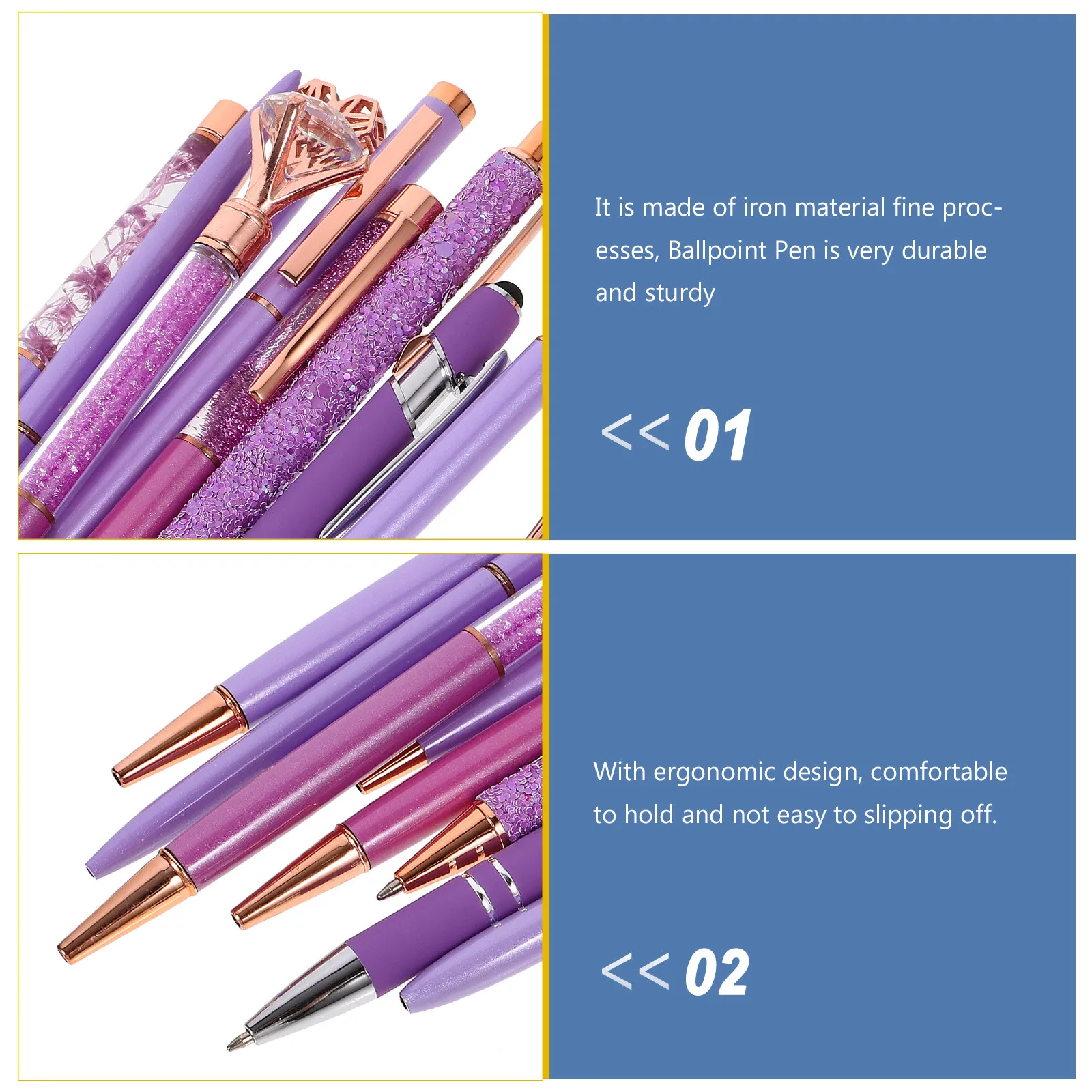 10Pcs Purple Rhinestone Ballpoint Pens Iron Body Ergonomic Design Smooth Writing Comfort Grip Daily Study Office Use Metal