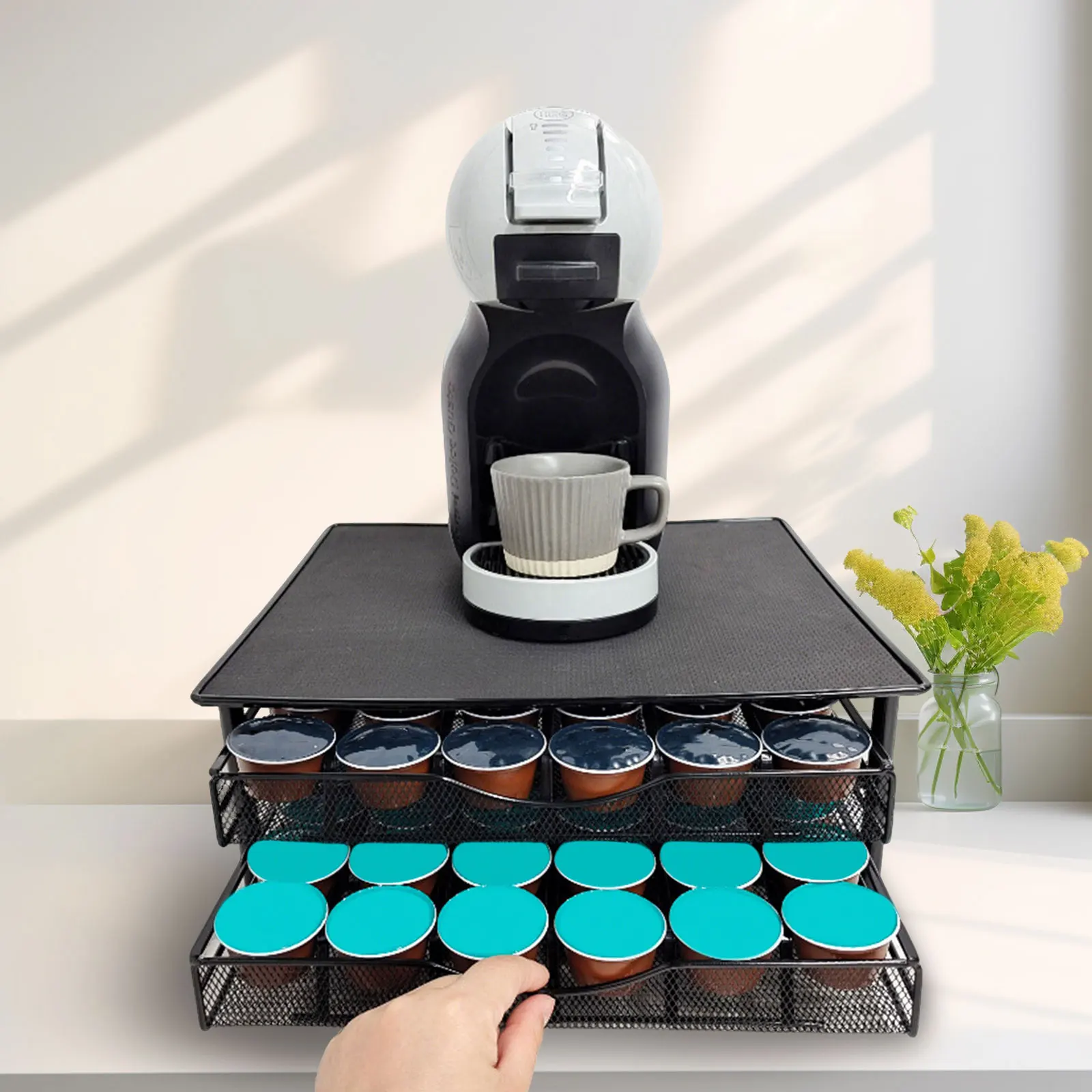 Tiroir à capsules de café coulissant à 2 niveaux, support métallique pour 72 capsules, organisateur de comptoir gain de place pour cuisine et bureau