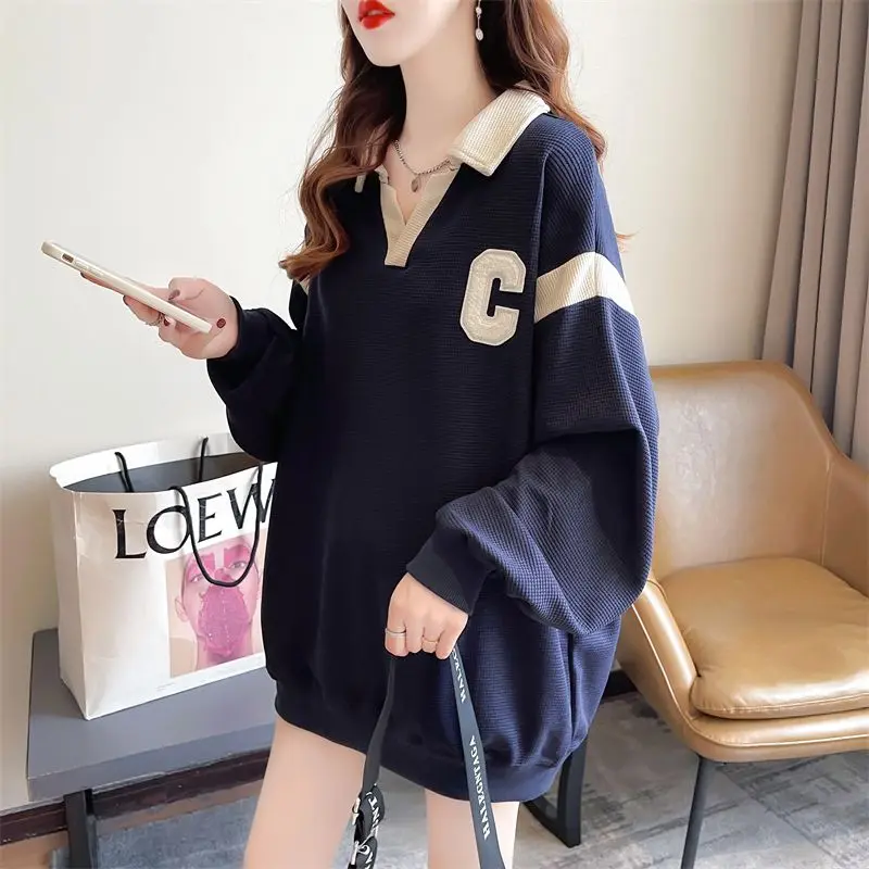 Autumn and Winter Women\'s Pullover Turn Down Collar Patchwork Embroidery Fashion Casual Elegant Commuter Long Sleeve Hoodies