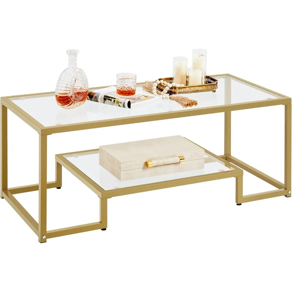 

Coffee Table, 42" Rectangular Glass Coffee Table for Living Room, 2-Tier Center Tea Tables with Metal Frame for Small Space,