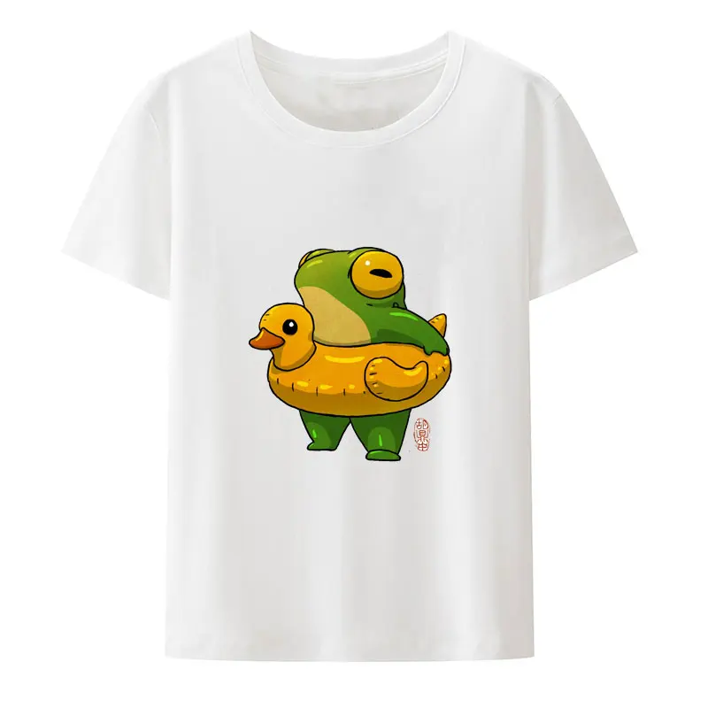 Cute Summer Time Ducky Frog Swimming Pool Floatie Print T Shirt O-neck Unique Creative Leisure Pattern Ropa Mujer Short Sleeve
