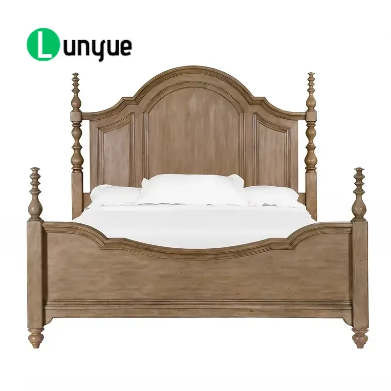 Classic Wooden Bed Frame with Carved Arched Headboard Dark Wood Grain Finish Sturdy Bedroom Furniture for Home Decor