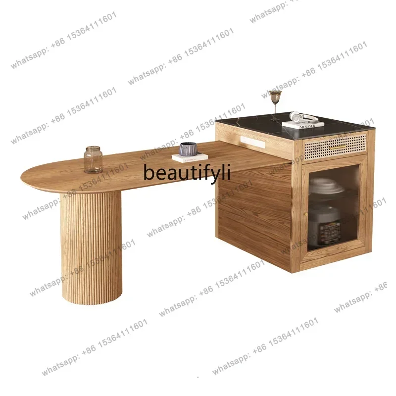 LX Kitchen Island Dining Table Integrated Household Retractable Solid Wood Dining Table B & B Rattan Stone Plate Dining TableSSS
