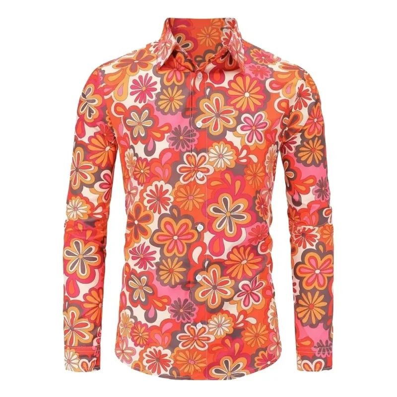 Men's Long Sleeves Shirts  Hippie 70s Disco Hip Hop Button Flower Retro Long Sleeve Shirt New Men'S Casual Blouse Unisex Tops