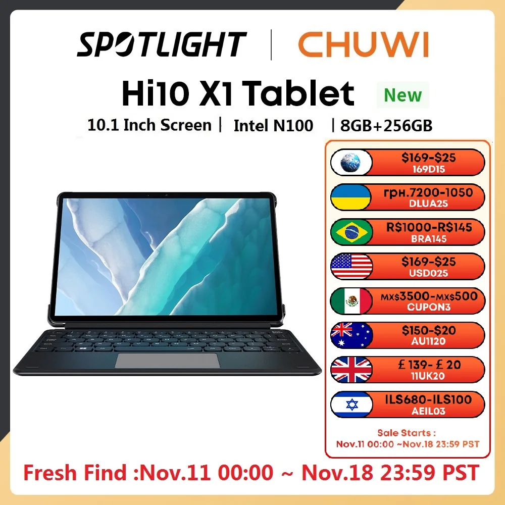 CHUWI 2024 Hi10 X1 2 In 1 Tablet 10.1inch Display Intel N100 Processor LPDDR5 8GB RAM 256GB SSD Windows 11 Tablets PC WiFi6