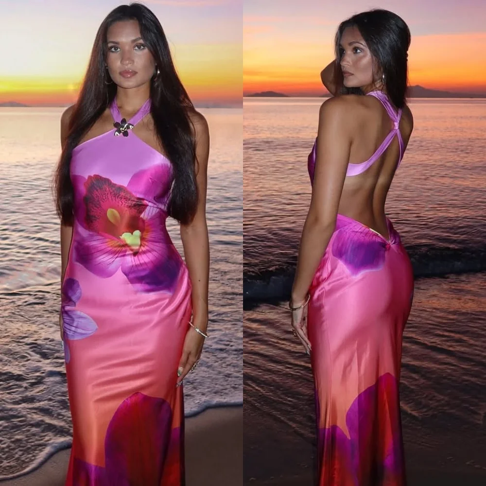 

Customized Exquisite Purple Satin Evening Dress Modern Halter Sleeveless Cocktail Dress Sweep Train Special Occasion Gowns
