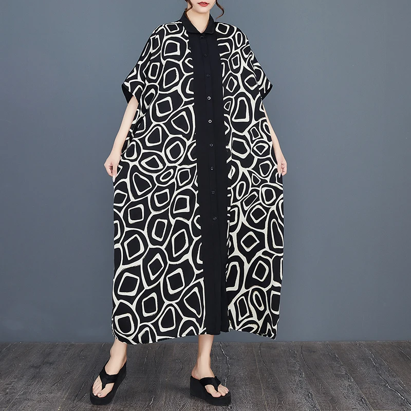 SuperAen جديد 2025 الصيف فضفاضة كبيرة الحجم موضة قميص مطبوع المرقعة واحدة الصدر ألف خط فساتين طويلة