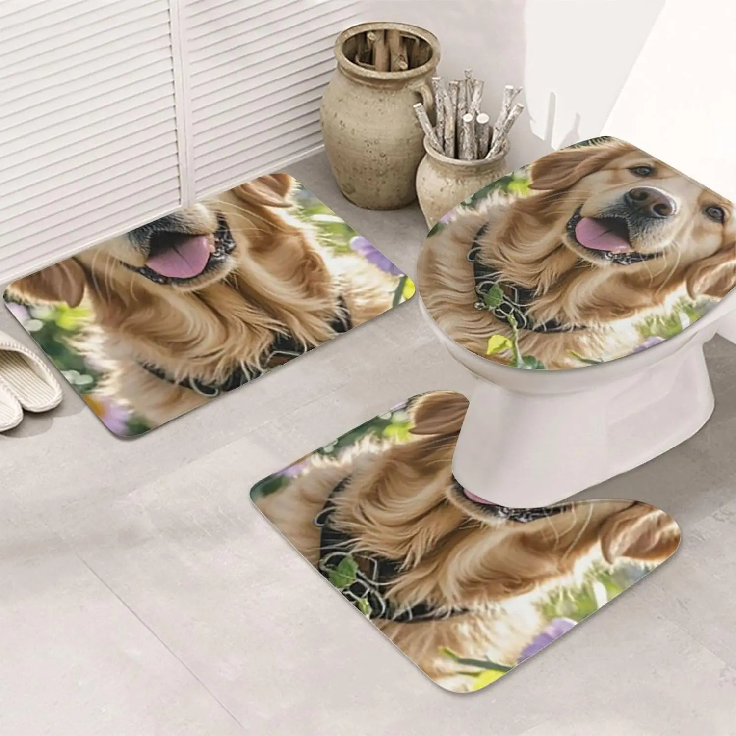 Golden Retriever Bathroom Rugs Sets 3 Piece, Non Slip Absorbent Bath Rug U-Shaped Contour Toilet Rug with Toilet Cover