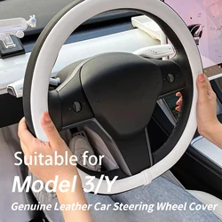For Tesla Model 3 Highland Y Juniper Hand Sewn Leather Steering Wheel Cover Special White Handle Cover Interior Car Accessories