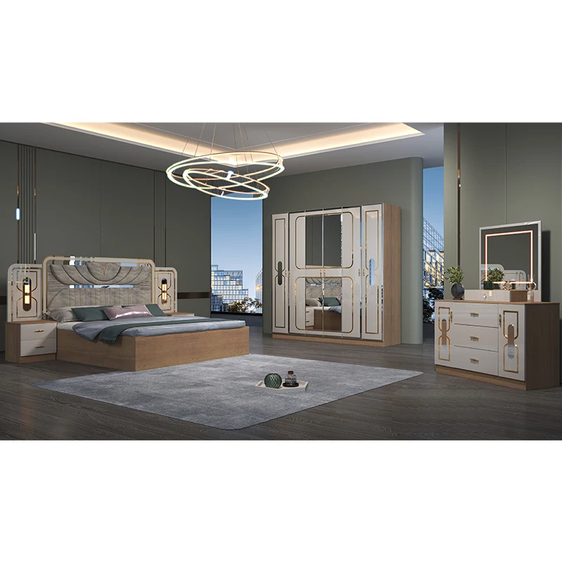 &High Quality Double Wooden Frame King Size Bed Room Set Cheap Luxury Wood Queen Modern Home Furniture Bedroom Sets