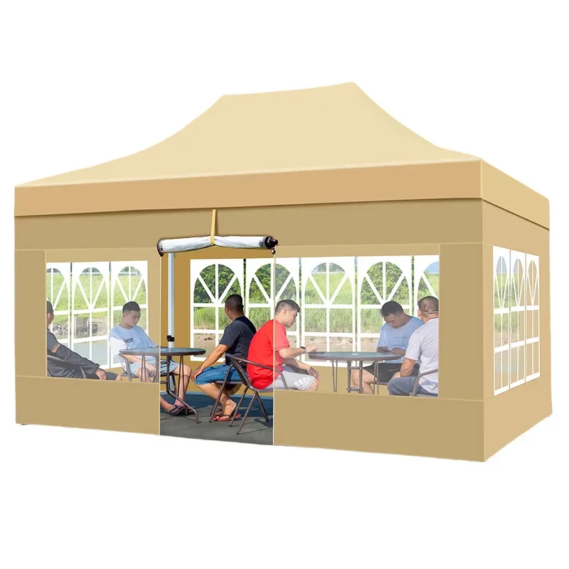 Khaki activity tent outdoor market four-corner awning night market stall with windshield Roman window canopy
