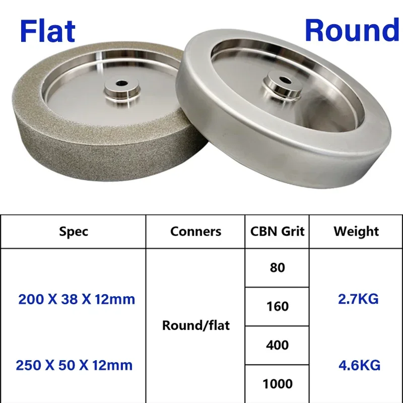 CBN Grinding Wheel 80/160/400/1000 Grit, for T4 T7 T-8 Sharpening System 200mm 250mm, 12mm Arbor, 38/50mm Width