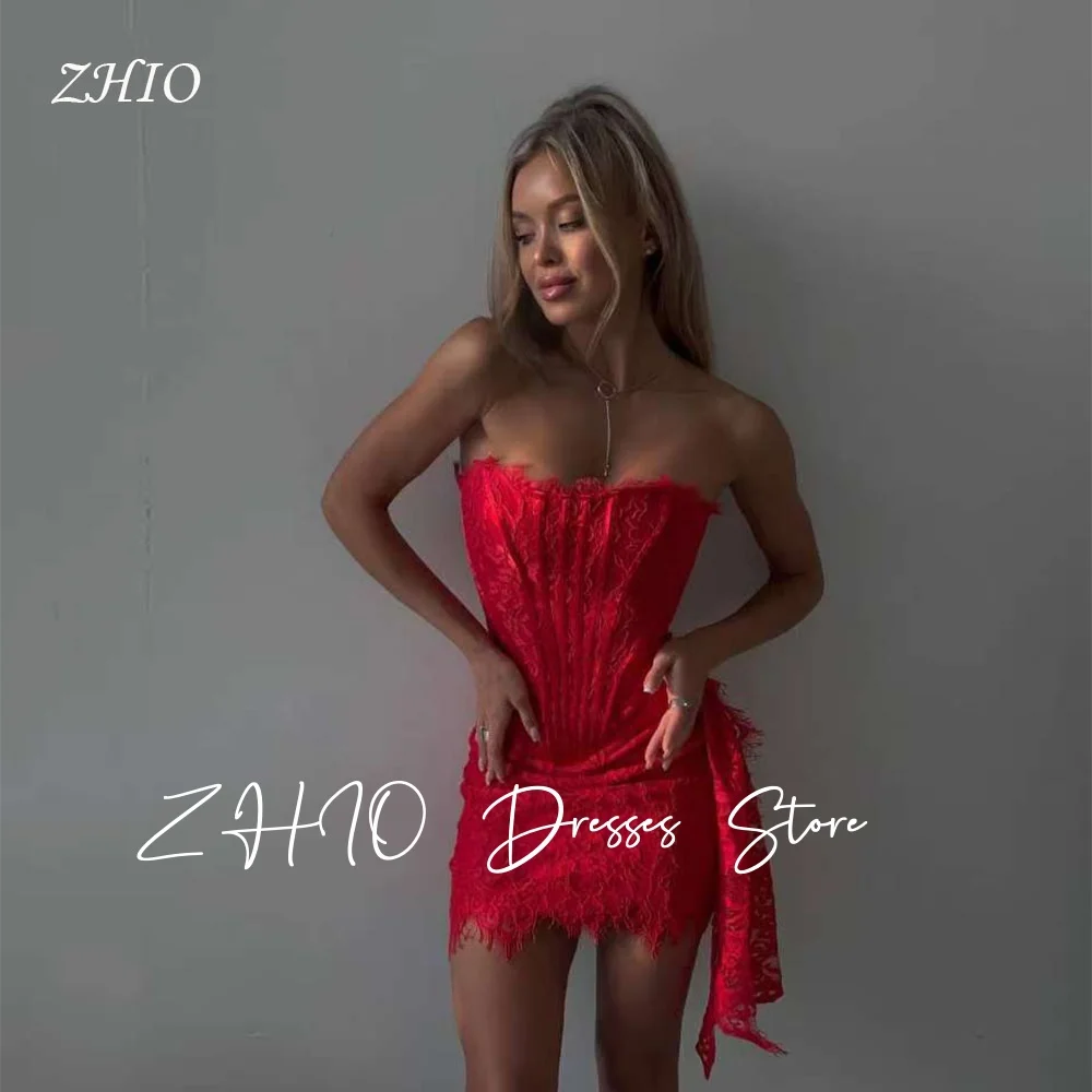

ZHIO Sexy Dark Red Lace Short Beach Party Dress Strapless Corset Pleat Mini Cocktail Prom Gown Customized for Woman Saudi Arabic