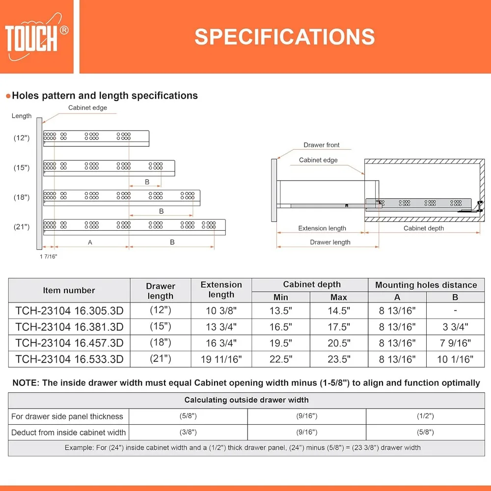 셀프 소프트 클로징 기능이 있는 언더마운트 서랍 슬라이드, 3쌍, 1/2 및 5/8인치 측면 패널용 21인치, 주방 숨김 서랍 하드웨어