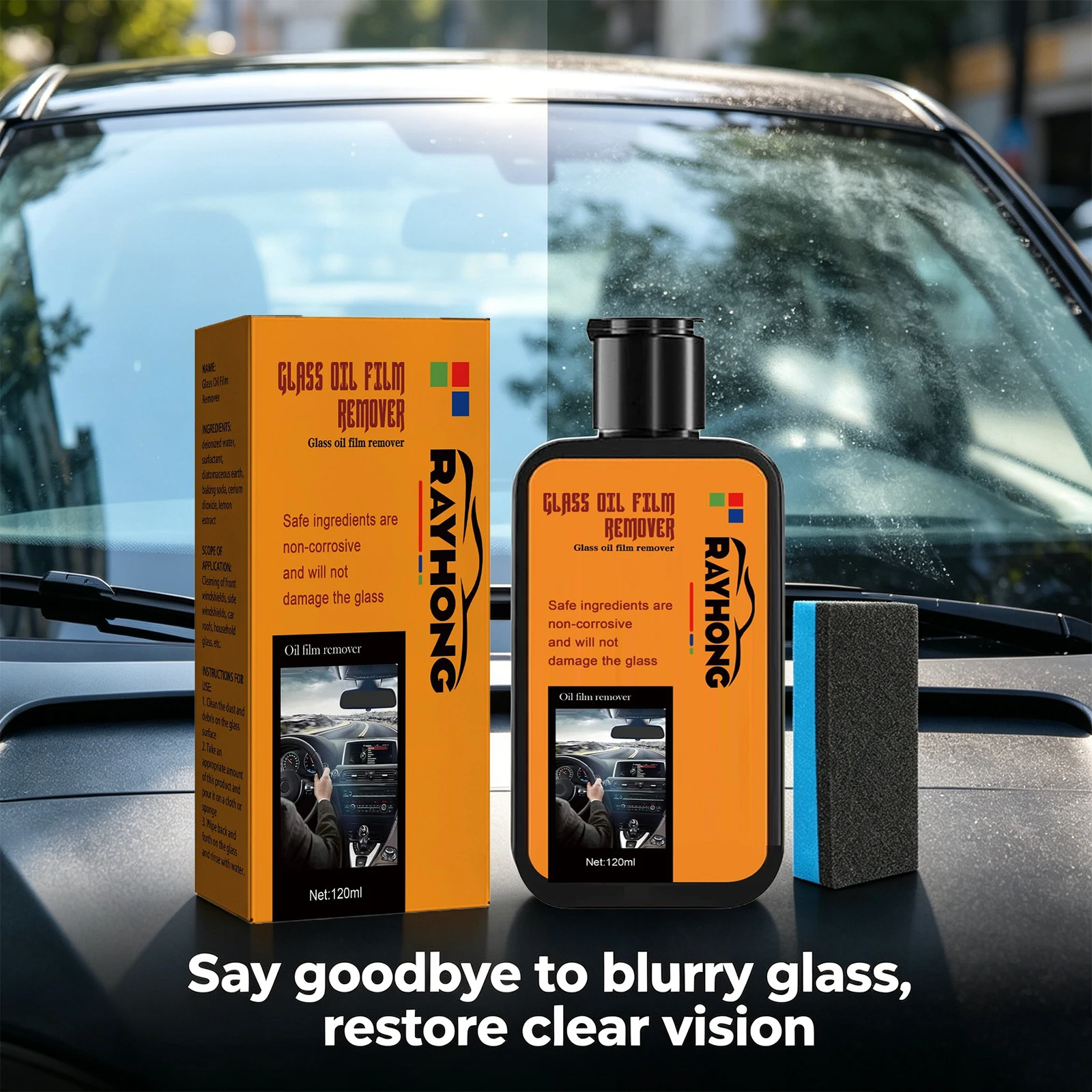 Glass Oil Film Remover for Car Windshield Cleaner with Sponge Car Glass Polishing Clear Window Auto Detailing Improve Clarity