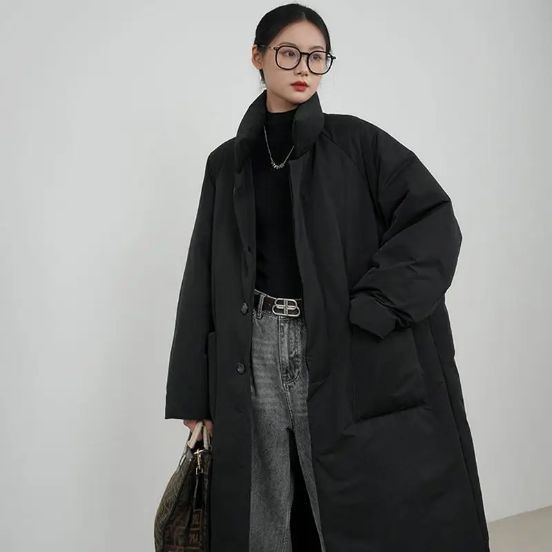 2026 Women's Stand-up Collar Cold-proof Cotton Clothes High-end Fashion Thickened Jacket Long Knee Lapel Cotton-padded Clothes