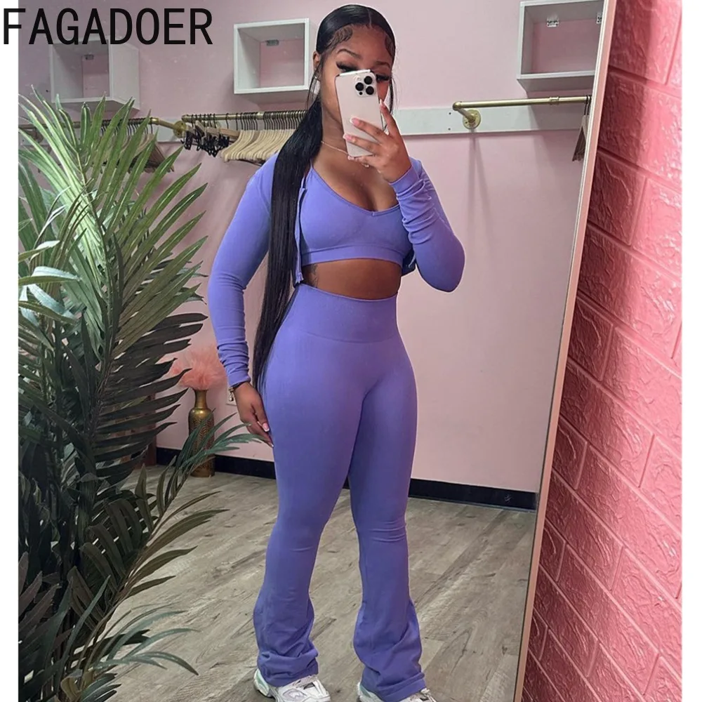 FAGADOER Fashion Solid Color Sporty Flare Pants Women Vest + Long Sleeve Crop Coats + Skinny Pants 3 Piece Sets Female Outfits