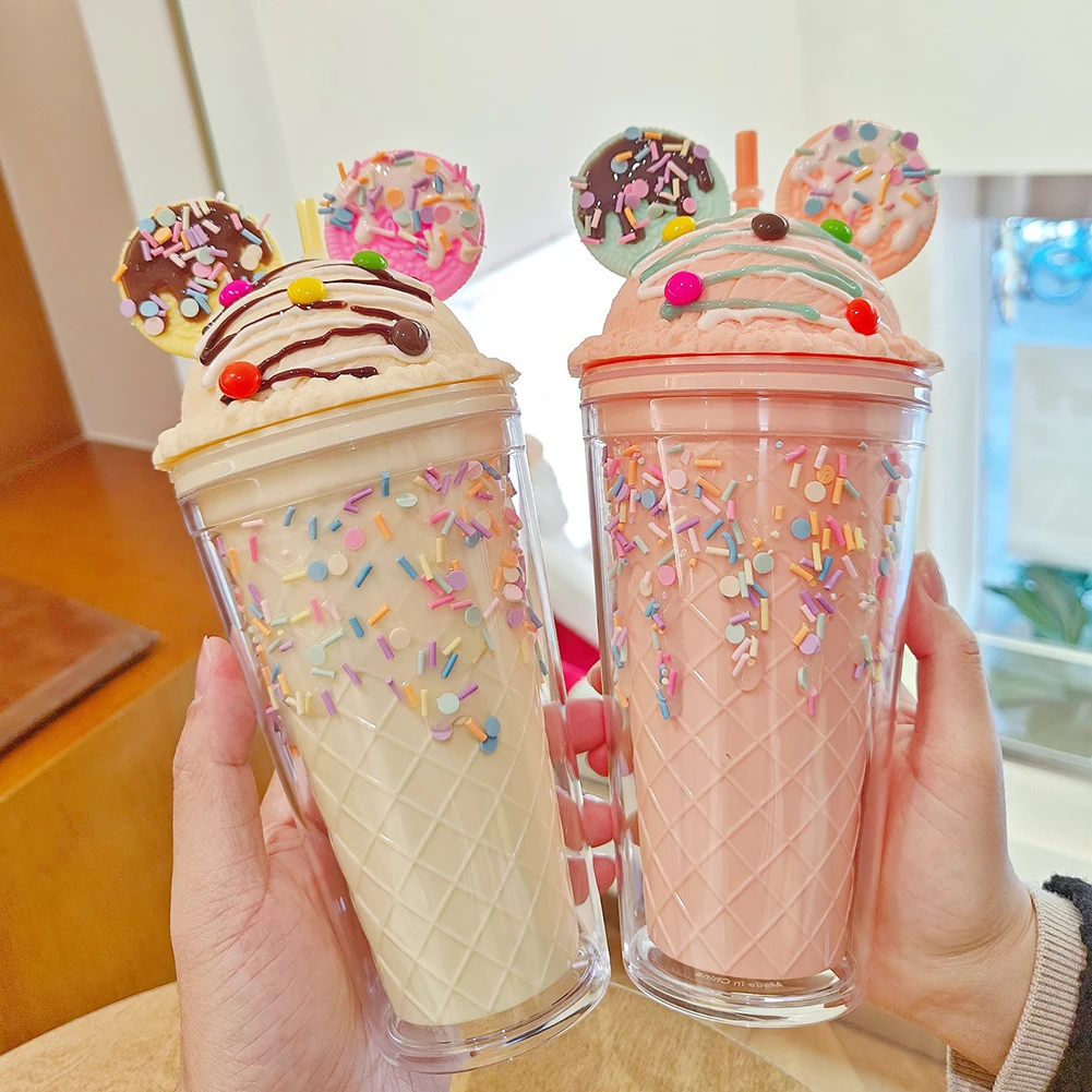 Double Wall Plastic Tumblers With Straw Double-layered Marble-like Bead Milk Tea Cup For Kids Adults