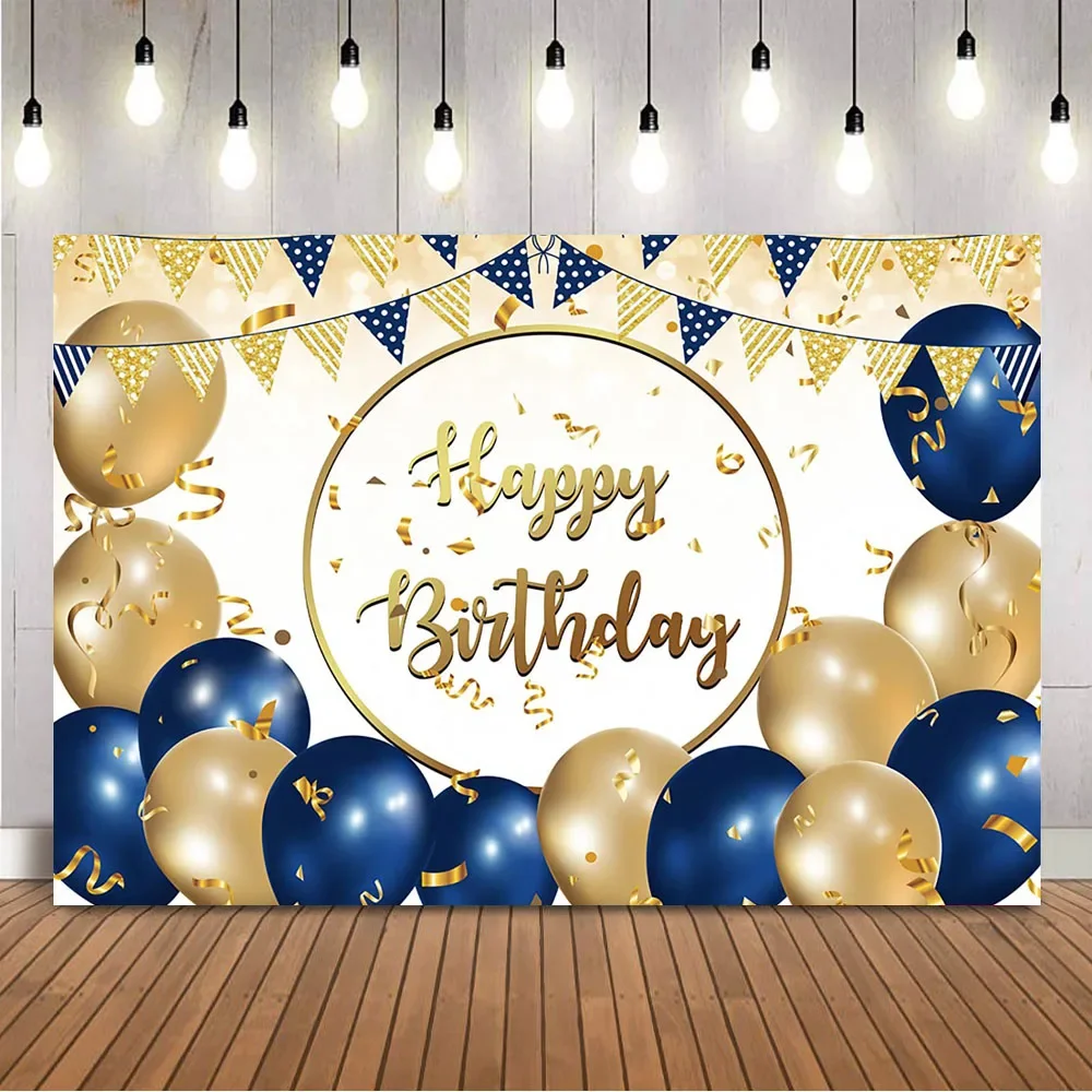 

Happy Birthday Backdrop Gold and Blue Balloons Background for Photo Studio Photocall Golden Birthday Party Decoration Banner