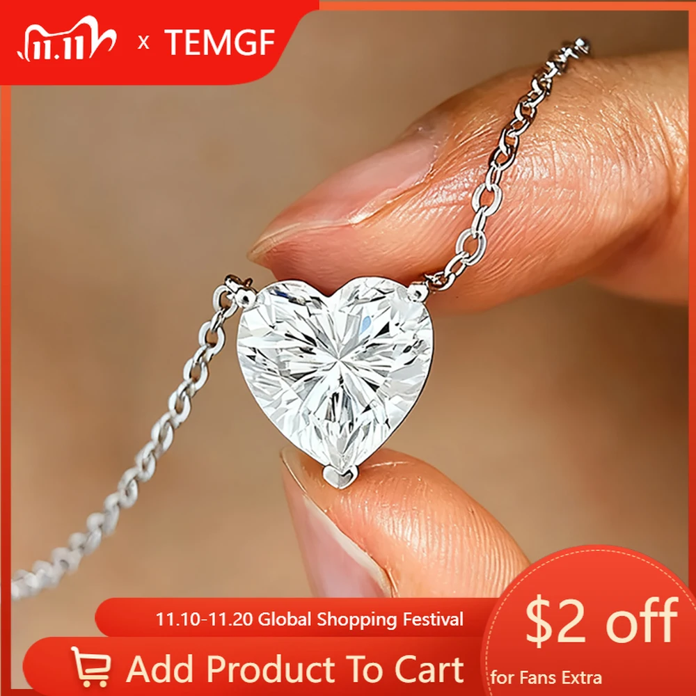 

TEMGF 2/4CT ожерелье с подвеской из муассанита в форме сердца, цепочка из стерлингового серебра S925 для женщин, свадебные классические элегантные ювелирные изделия, подарок