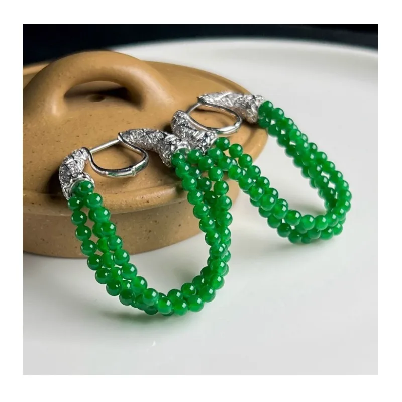 

New Chinese Artificial Emperor Green Millet Bead Earrings, Silver Ear Buckles, Fashionable Temperament, High Value, Light Luxury