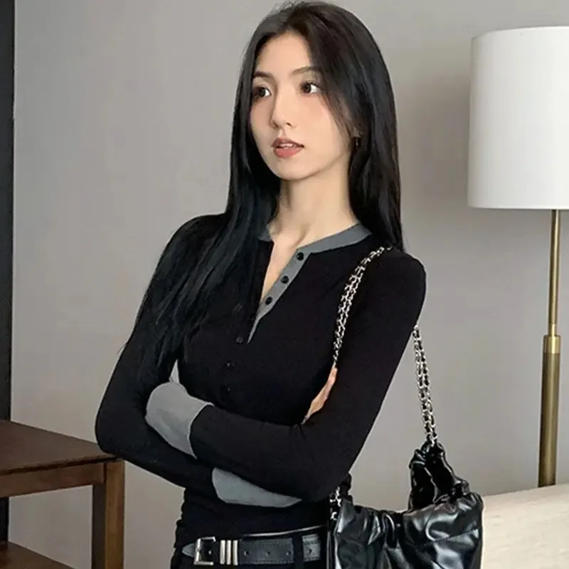 تي شيرت المرأة الخريف موضة جديدة كم طويل سليم تمتد زر المرقعة خمر Y2k بلايز السيدات عادية تي شيرت