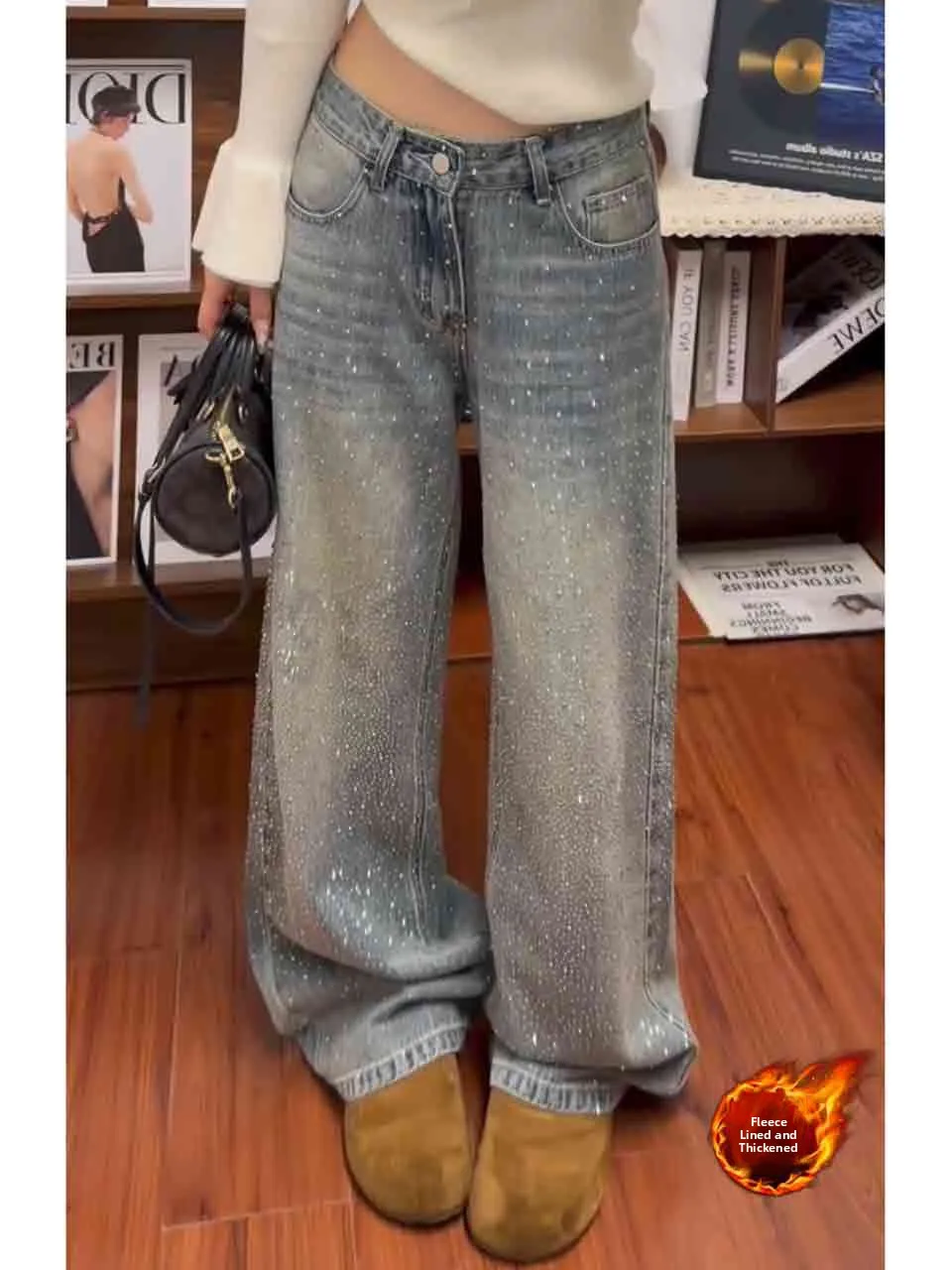 

High Waist Fleece Lined Denim Jeans Women's Loose Straight Wide Leg Floor Length Pants Vintage American Retro Glittering