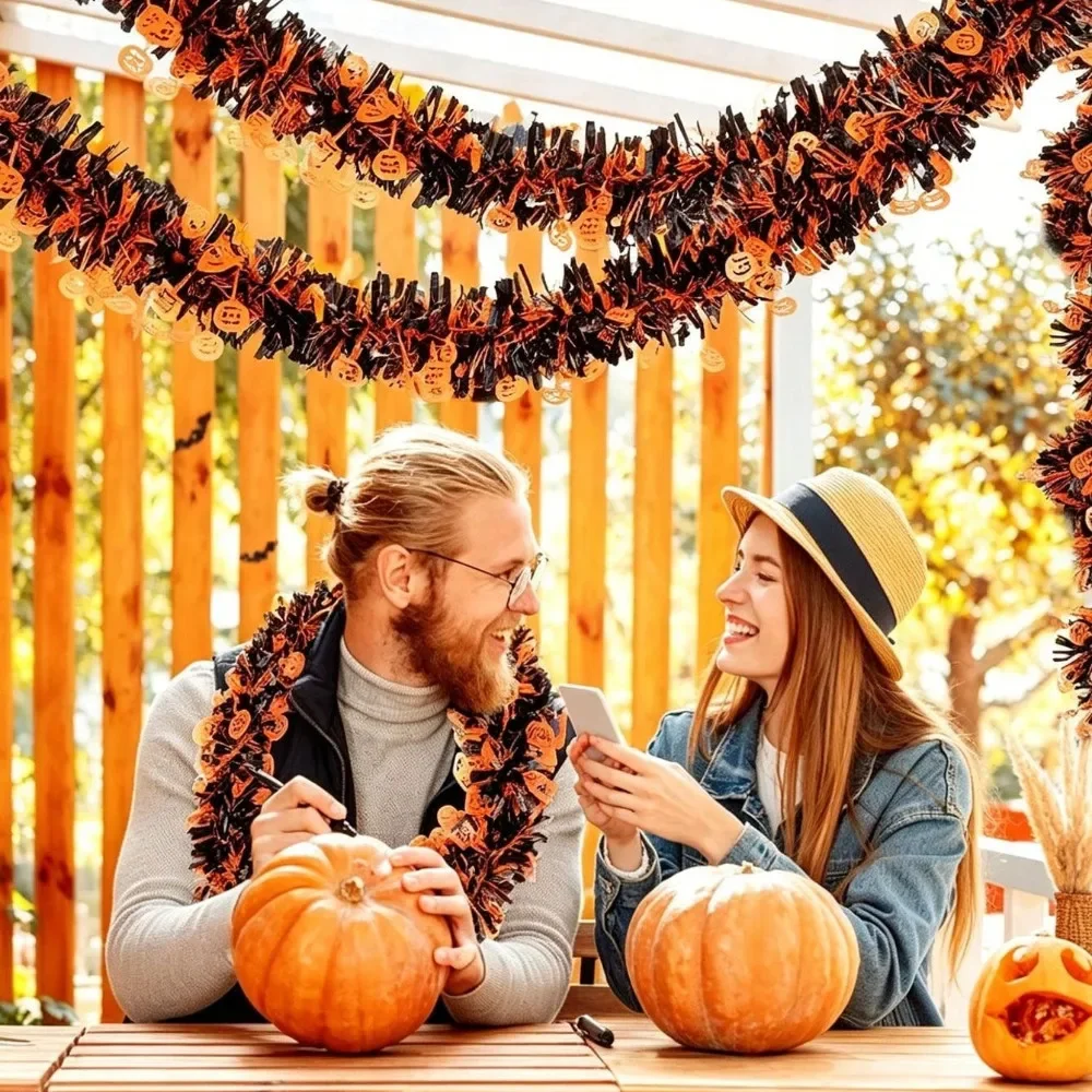 2/4M Schwarz-Orange Halloween-Girlande mit Kürbis-Ausschnitt, Gruselige Hängedekoration für Haustür, Outdoor-Halloween-Party-Zubehör – Detail 3